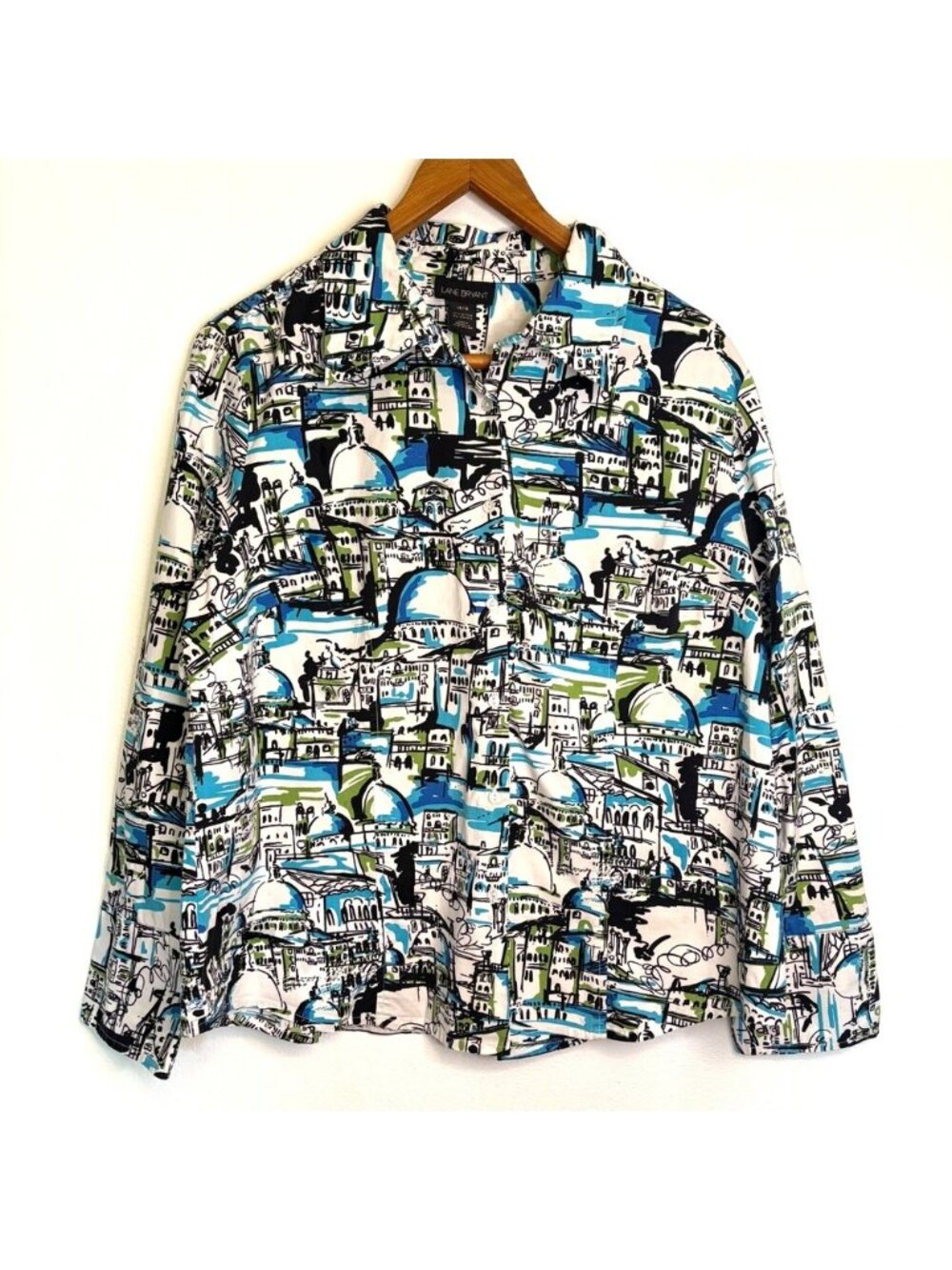 Lane Bryant Women's Button Blouse,‎ White/Blues/Greens, Size 14/16